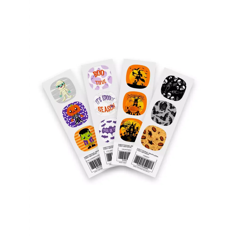 Four sets of Halloween-themed Medtronic Simplera CGM stickers featuring designs like a mummy, "Boo-tiful" text, a witch silhouette, skulls, and pumpkins.