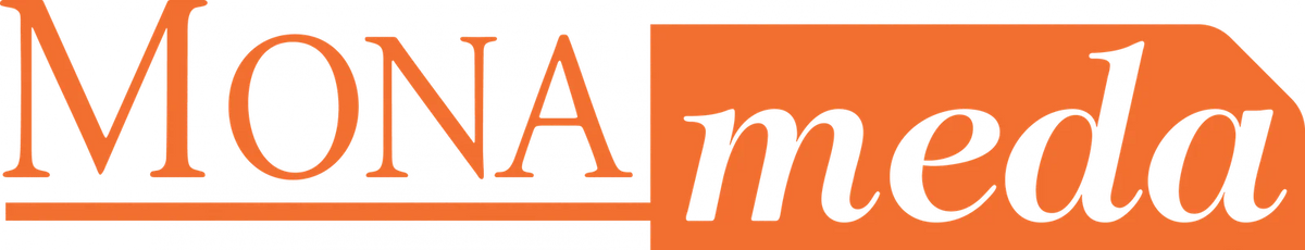 Orange "MONA" in serif font with an underline, next to "meda" in a white, script font on an orange background. Image
