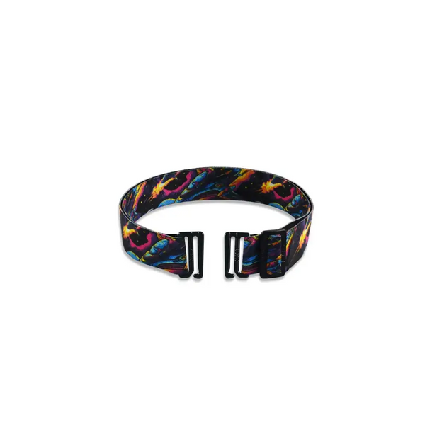 Adjustable kids' belt for insulin pump pouches with colorful design.