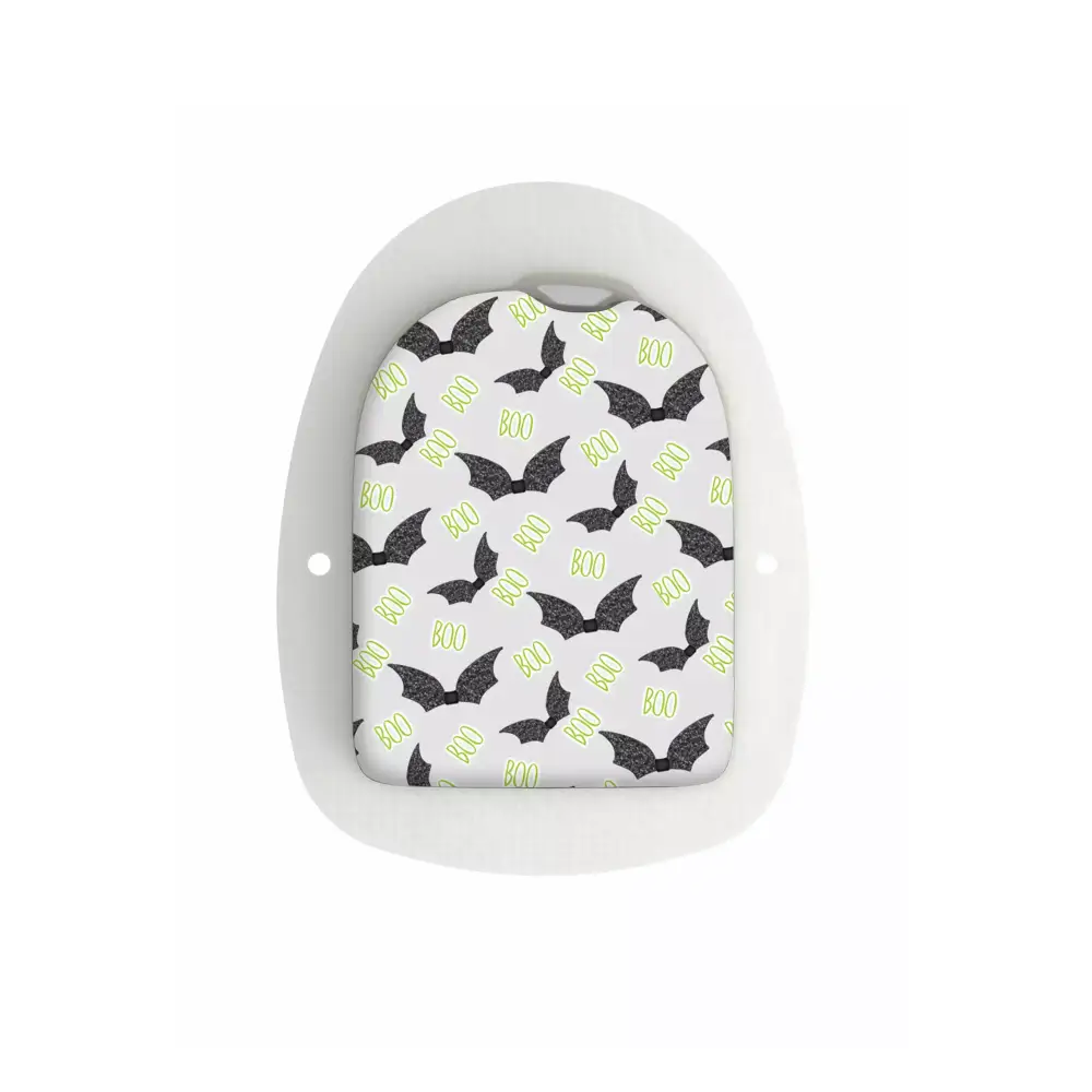 Omnipod POD Sticker Halloween Edition with bats and "Boo" design.
