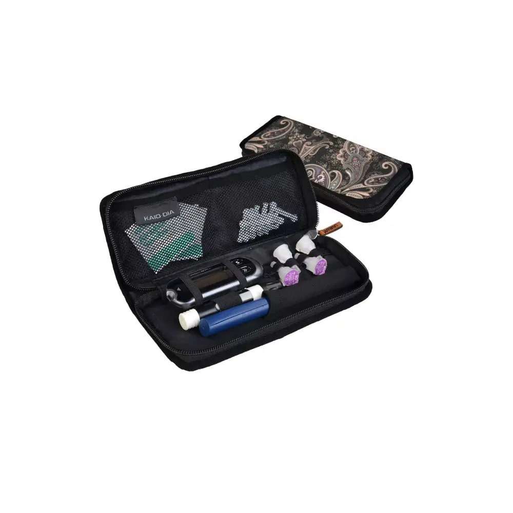 Insulin travel case with compartments for insulin pen, needles, and USB glucose meter.