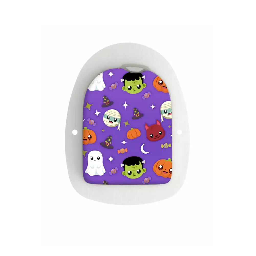 Omnipod Stickers - Halloween creatures theme with cute characters like pumpkins, ghosts, and Frankenstein on a purple background.