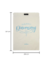 Kaio-Dia Diaversary Shoe Bag dimensions: 37 cm height by 25 cm width. 'Happy Diaversary' print displayed on the front with Kaio-Dia label on top.