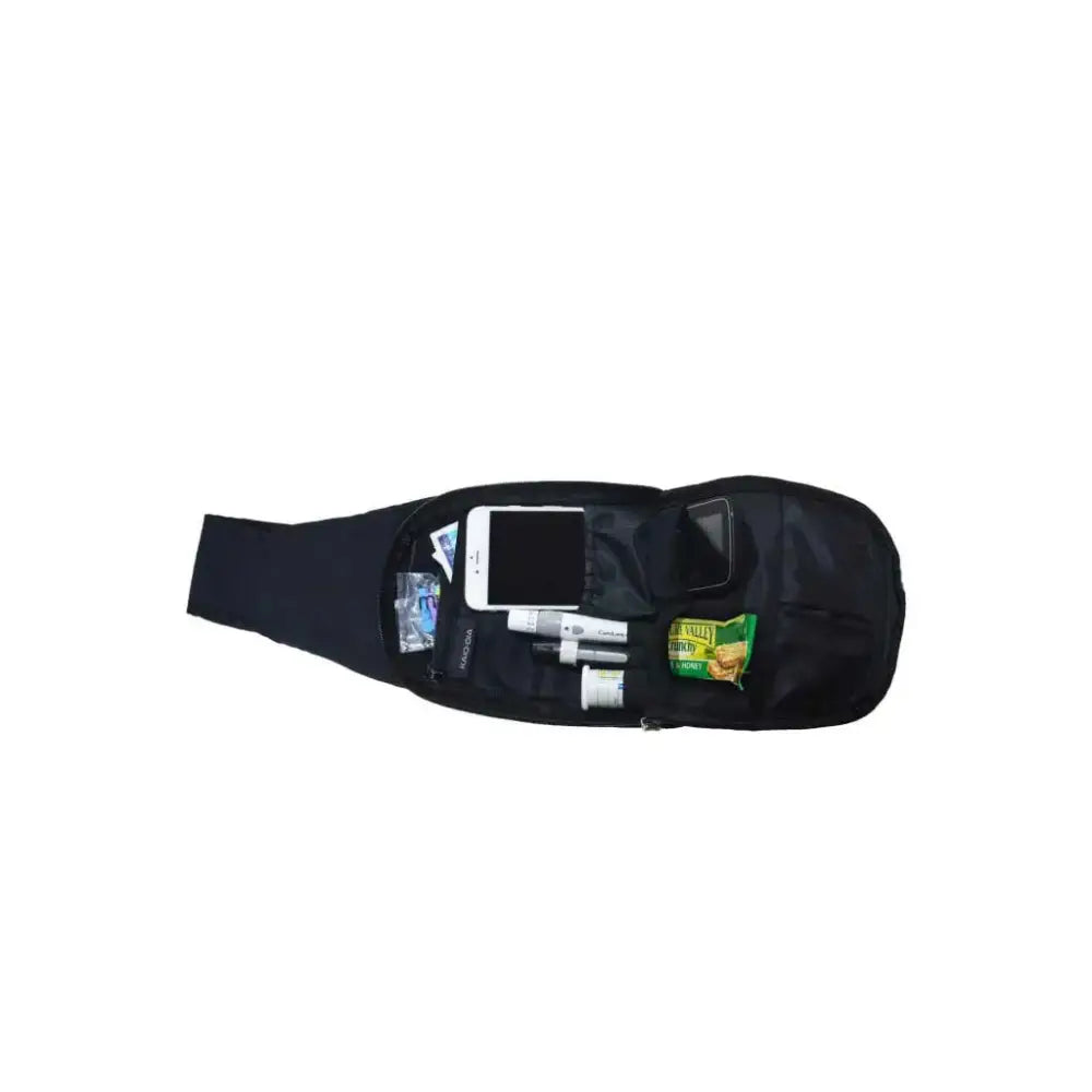 Black shoulder bag with insulin cooling system holding insulin pens, glucose meter, phone, medication, and diabetes snacks