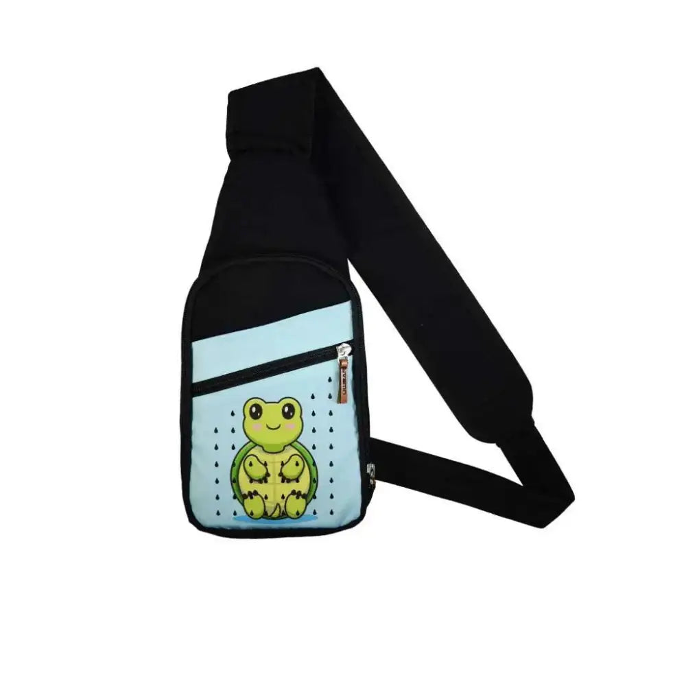 Child's shoulder bag with insulin cooling system featuring a frog print and adjustable black strap