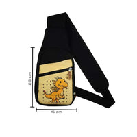 Yellow kids shoulder bag with dinosaur print and built-in insulin cooling system, measuring 25x15 cm