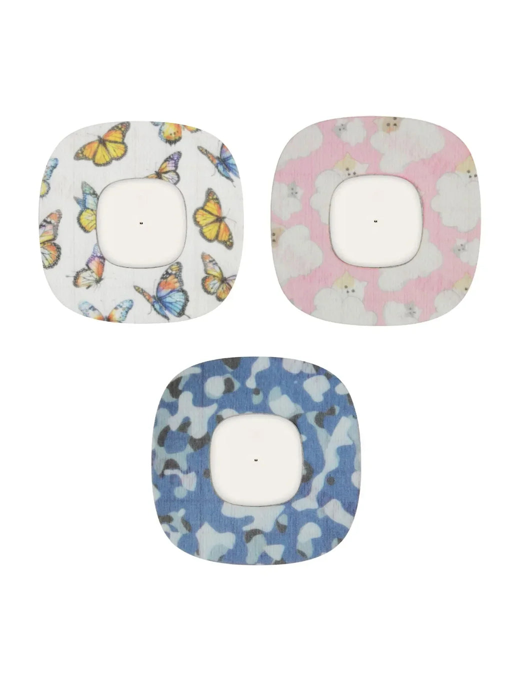 Simplera Sync adhesive patches for kids, butterflies and blue camo designs