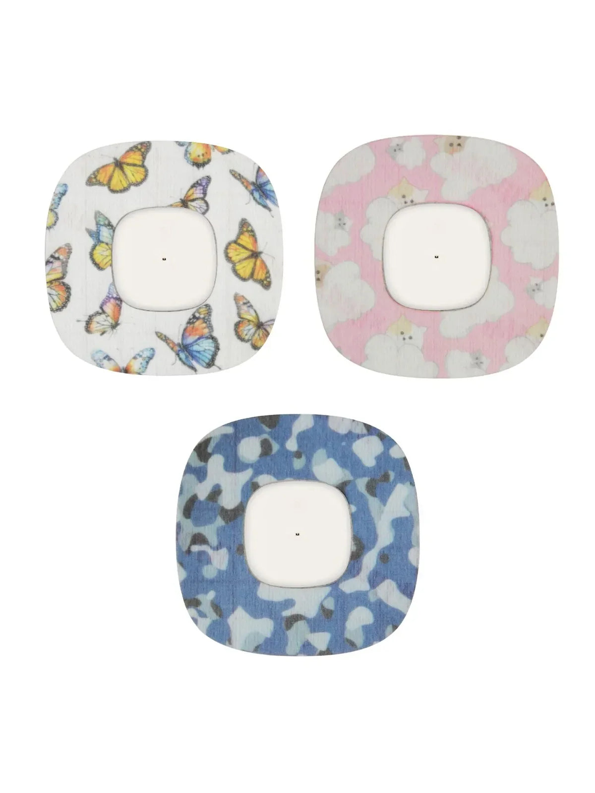 Simplera Sync adhesive patches for kids, butterflies and blue camo designs