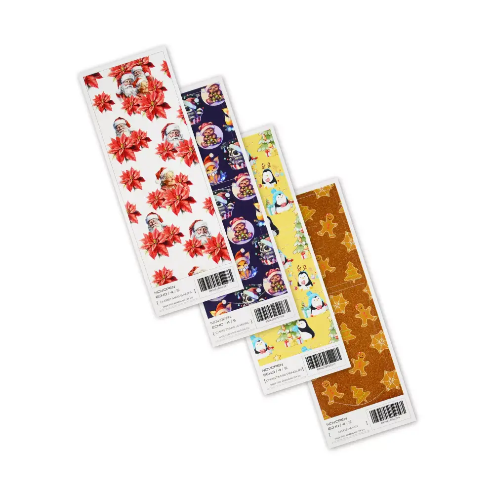 Christmas-themed Novopen Echo 4 and 5 insulin pen stickers with festive designs.