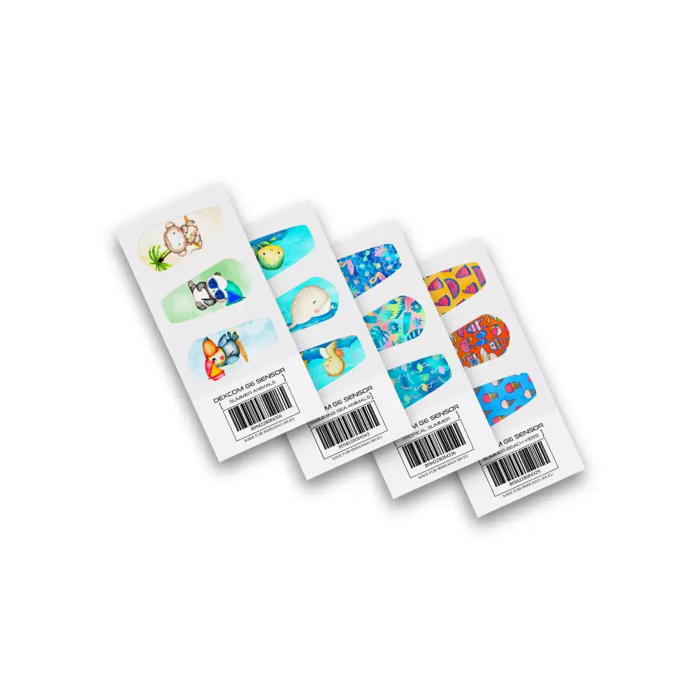 Dexcom G6 Stickers - Summer Edition with sea creatures and tropical patterns.