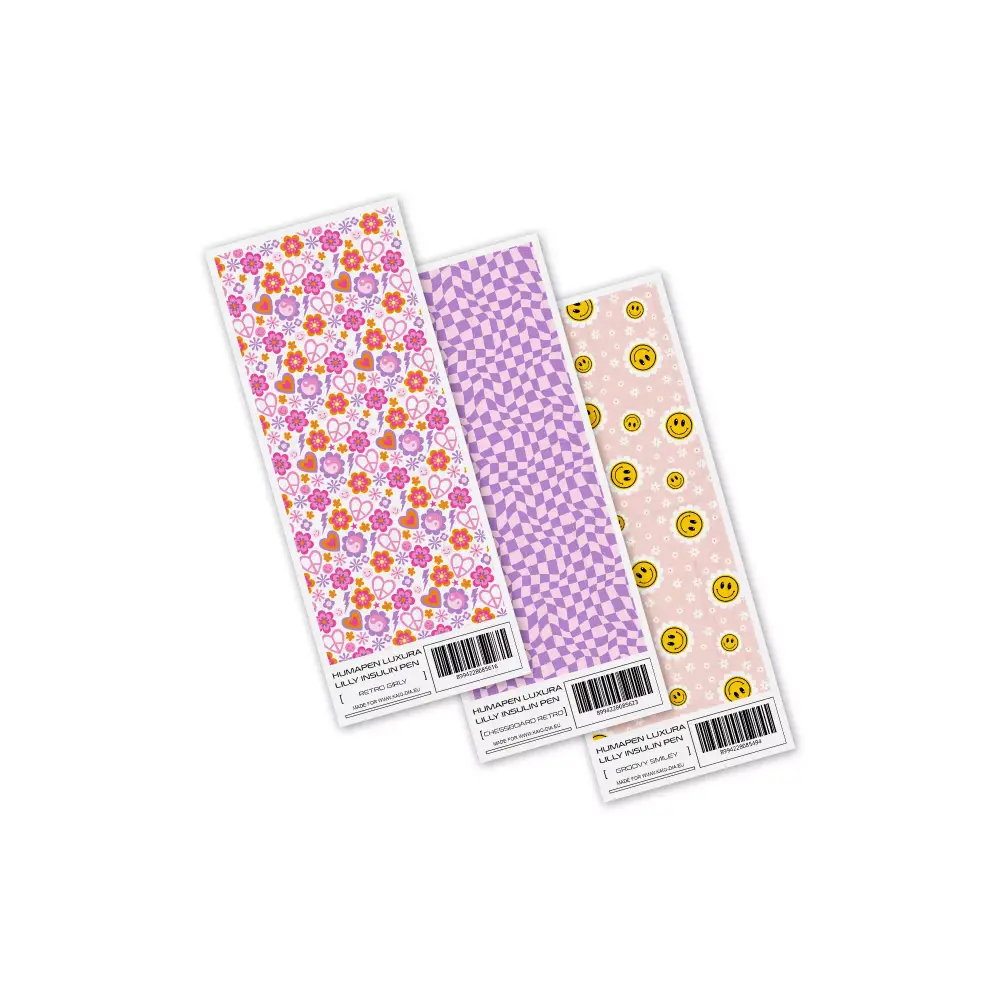 Stickers for HumaPen Luxura with Y2K retro designs including floral, chessboard, and smiley patterns.
