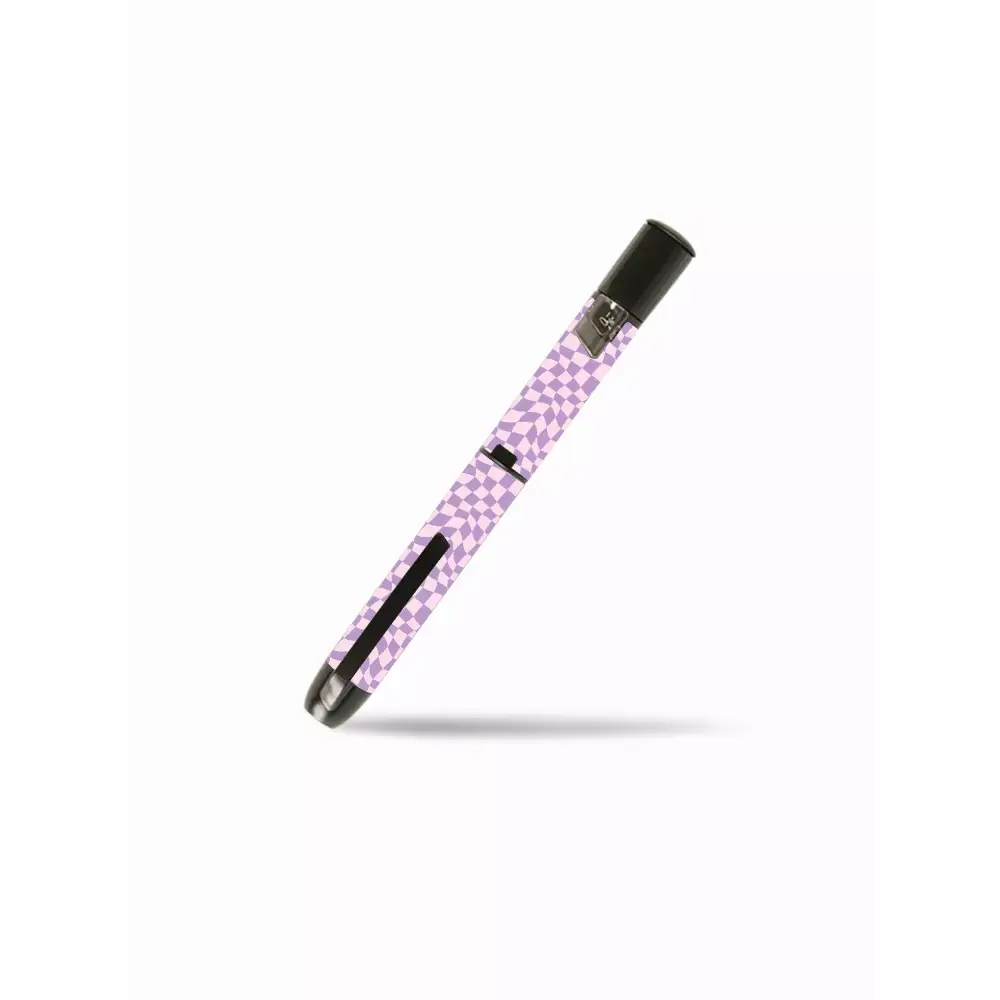 Y2K-themed sticker on InPen insulin pen with purple checkered pattern.