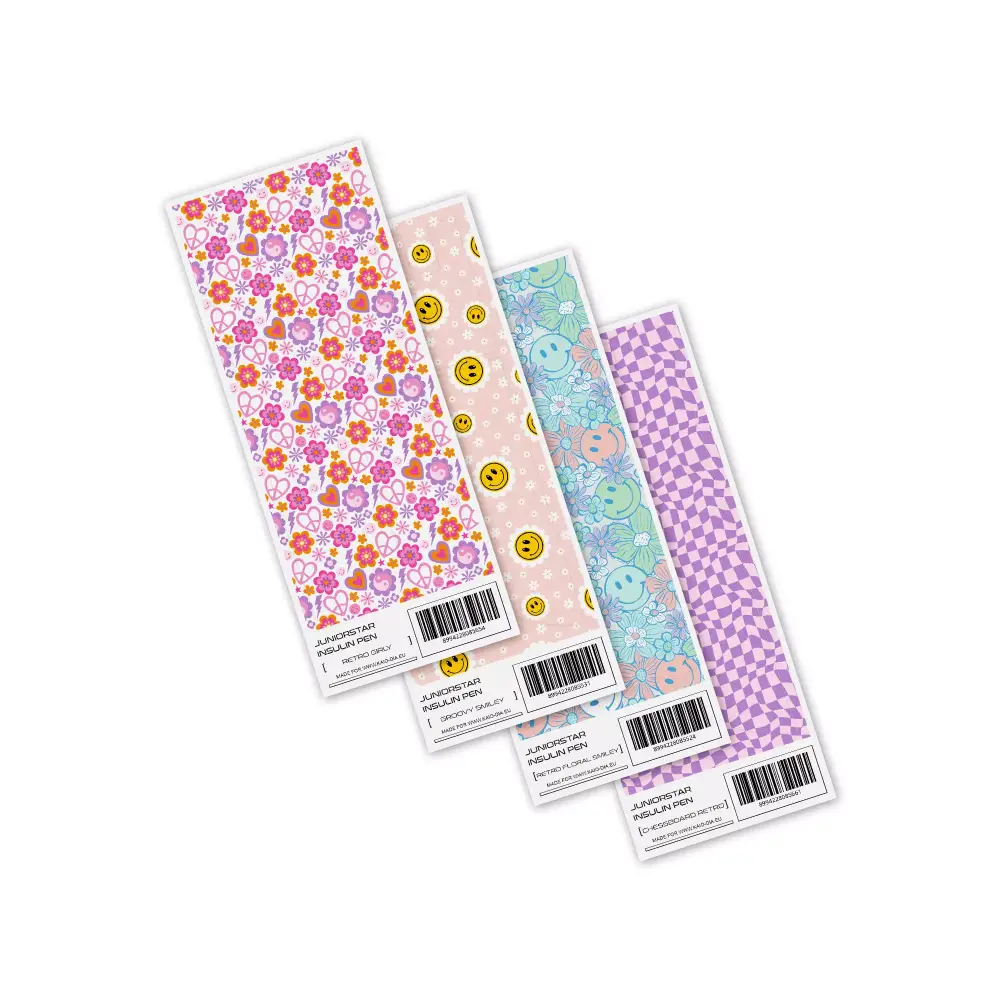 Stickers for JuniorSTAR Insulin Pen - Y2K Collection with retro smileys and checkered designs.
