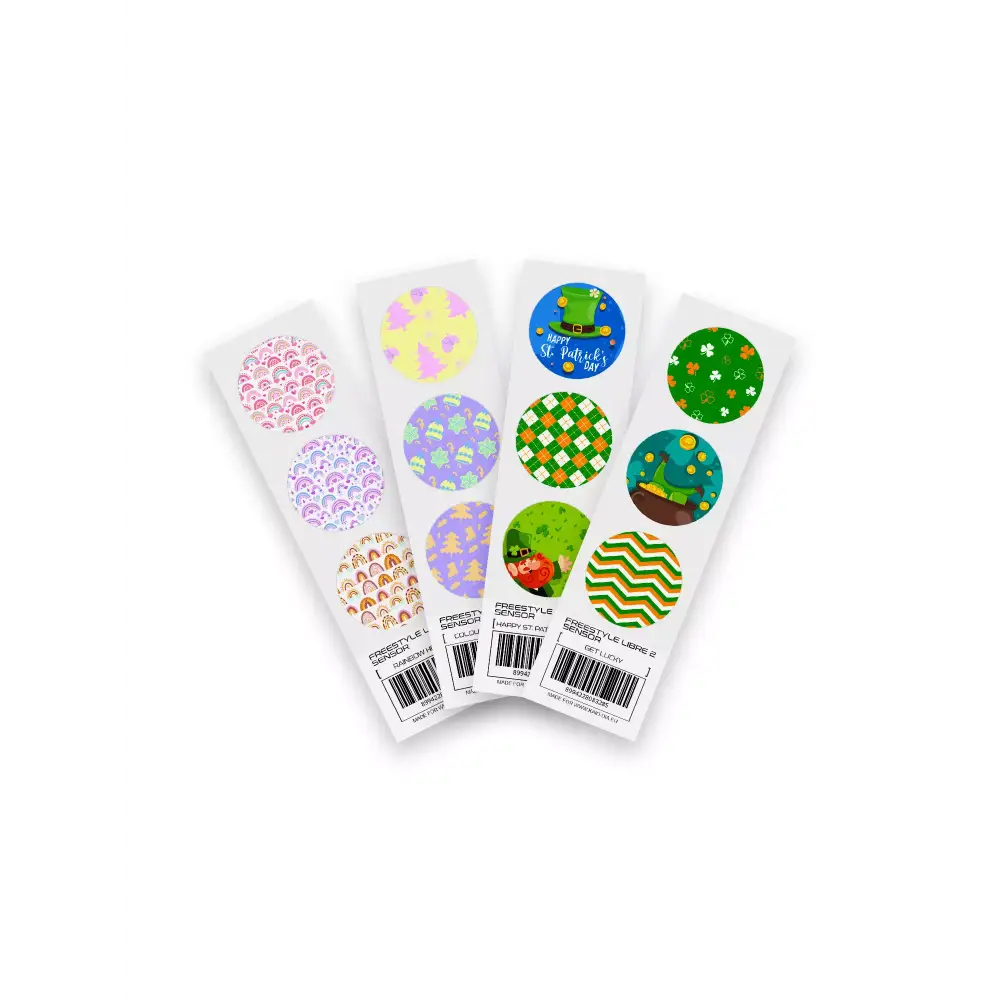 St. Patrick's Day themed Freestyle Libre 2 sensor stickers, featuring festive and durable designs, including "Happy St. Patrick's Day" and "Get Lucky" sets.