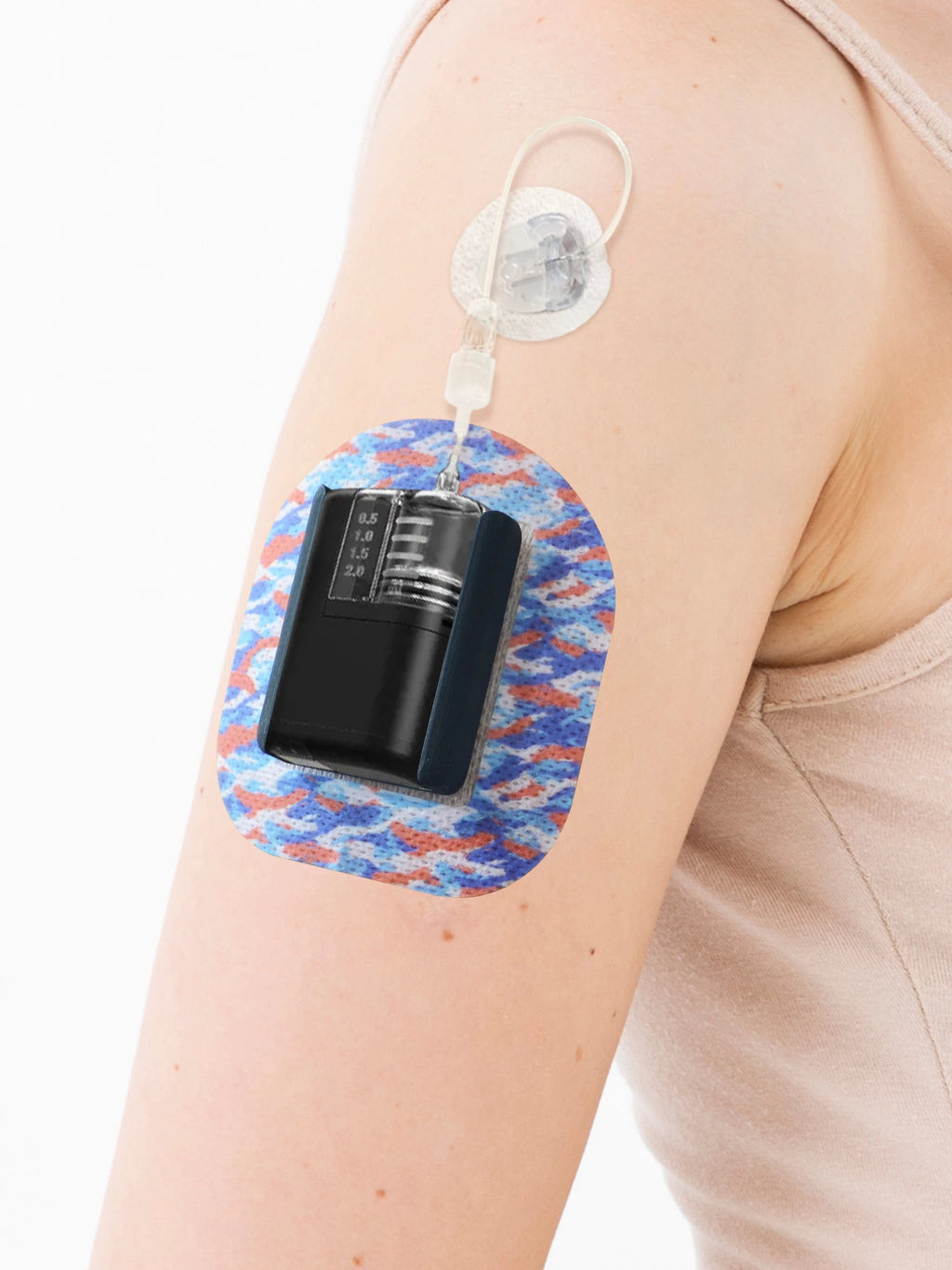 Tandem Mobi adhesive patch, Flow Camo design, over the Dia-Mobi Clip on the arm