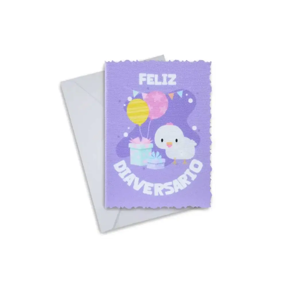 Diaversary greeting card featuring colorful balloons, gifts, and a duck on a purple canvas background with "Feliz Diaversario" text.