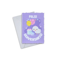 Diaversary greeting card featuring colorful balloons, gifts, and a duck on a purple canvas background with "Feliz Diaversario" text.