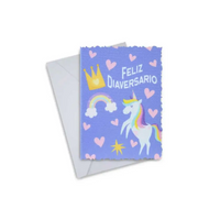 Diaversary card with unicorn and rainbow design, including envelope.