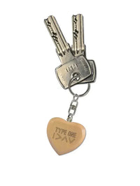 Type 1 Wooden Keychains - heart-shaped keychain engraved with "Type 1 Diabetic" and "I >∧∨".