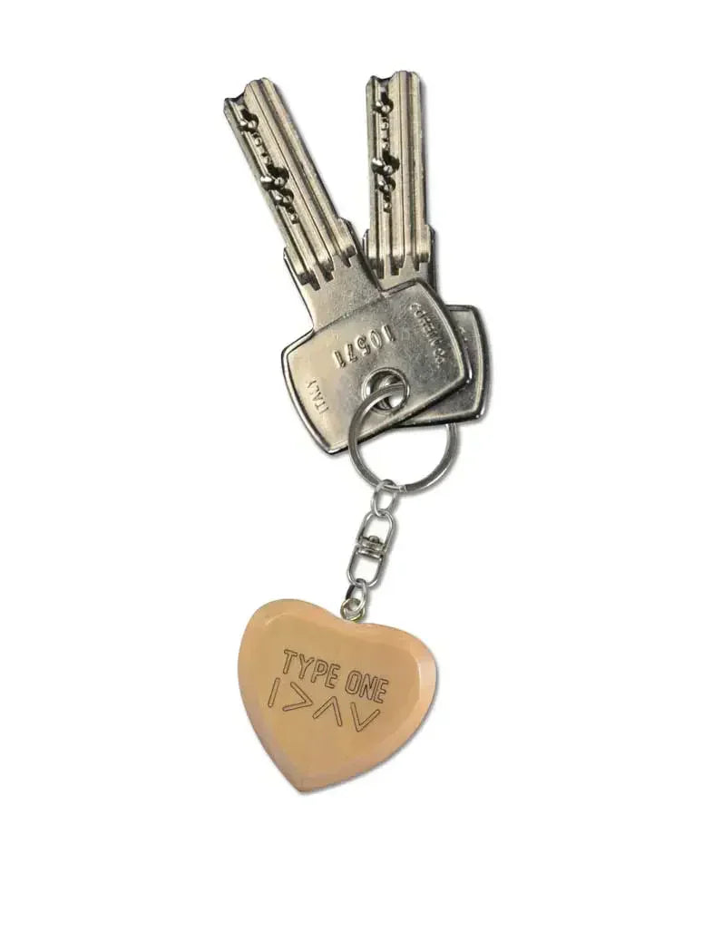 Type 1 Wooden Keychains - heart-shaped keychain engraved with "Type 1 Diabetic" and "I >∧∨".