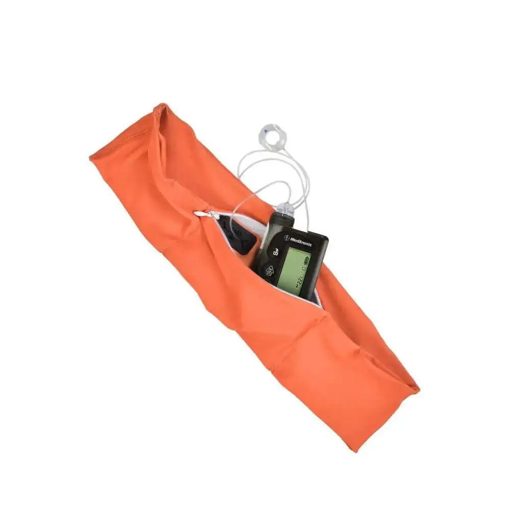 Orange insulin pump waist belt with a concealed pocket, suitable for various pump brands.