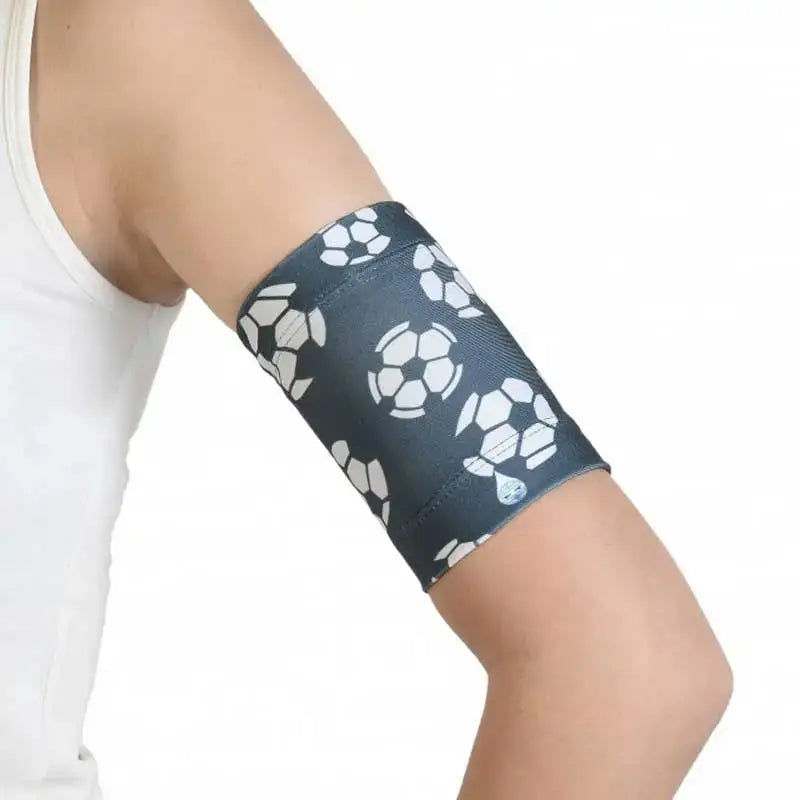 Blood Glucose Sensor Armband for Children with Trendy Prints, secure fit for glucose sensors, fun soccer design.