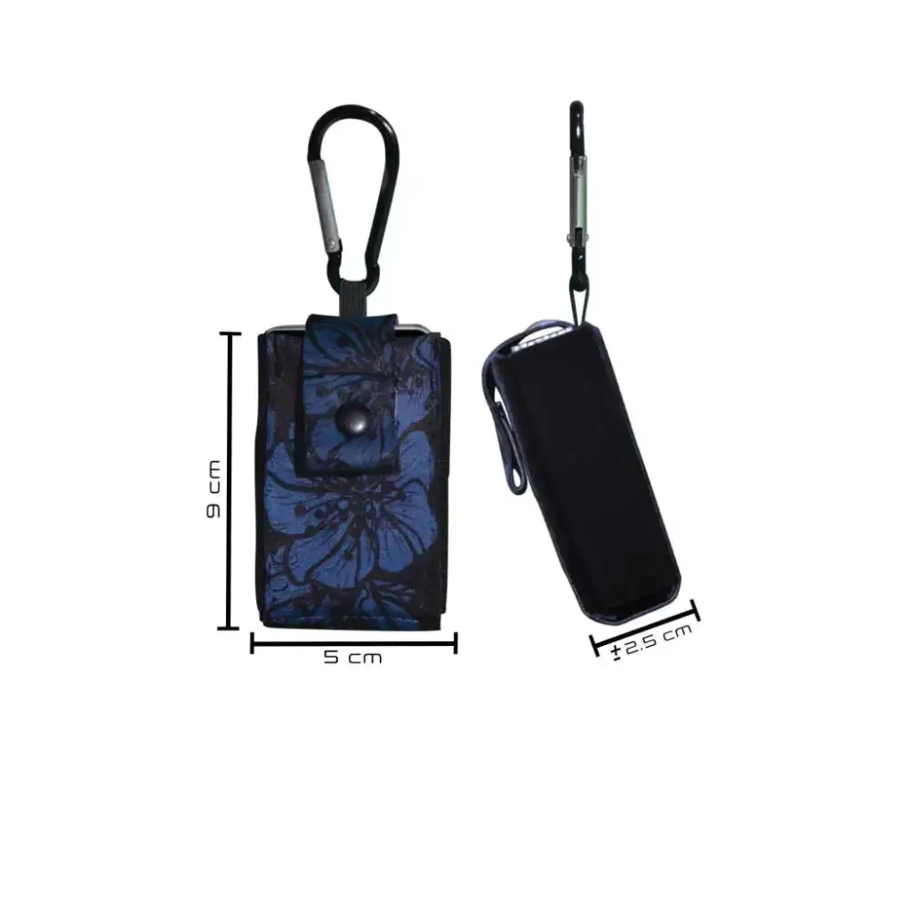 Compact insulin pump pouch with carabiner for Tandem t:slim X2, shown in black and floral design.