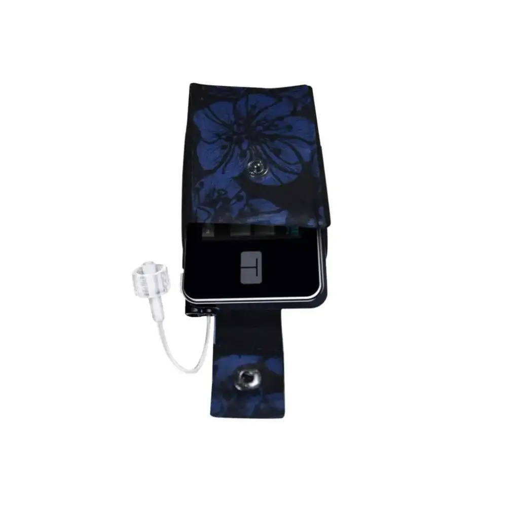 Compact Dia-Mini Pouch Slim for insulin pump, featuring elastic material and floral design, with a built-in loop and carabiner.