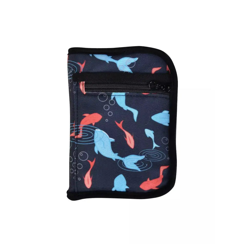 Diabetic children's travel case with playful print, compact design for glucose meter, test strips, and diabetes essentials.