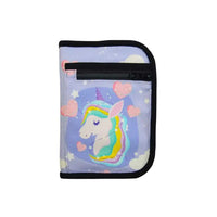 Unicorn-print diabetic travel case for children, featuring compartments for glucose meter and supplies.