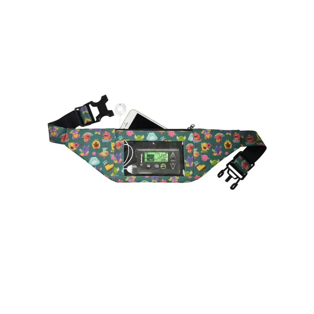 Colorful double pocket insulin pump belt with adjustable straps and a clear front window for easy pump monitoring.