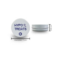 The HYPO TREATS tin container with dimensions noted (7 cm in diameter and 2.5 cm in height).