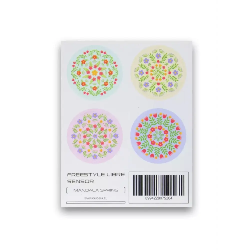 Freestyle Libre sensor stickers with floral spring designs, set of 4, water-resistant and easy to apply.