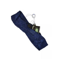 Navy lace insulin pump waist belt with inner pocket and reinforced openings.