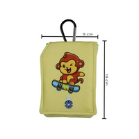 Insulin pump pouch for kids with cooling system, featuring monkey design, carabiner, and loop, measuring 13 cm x 9 cm.
