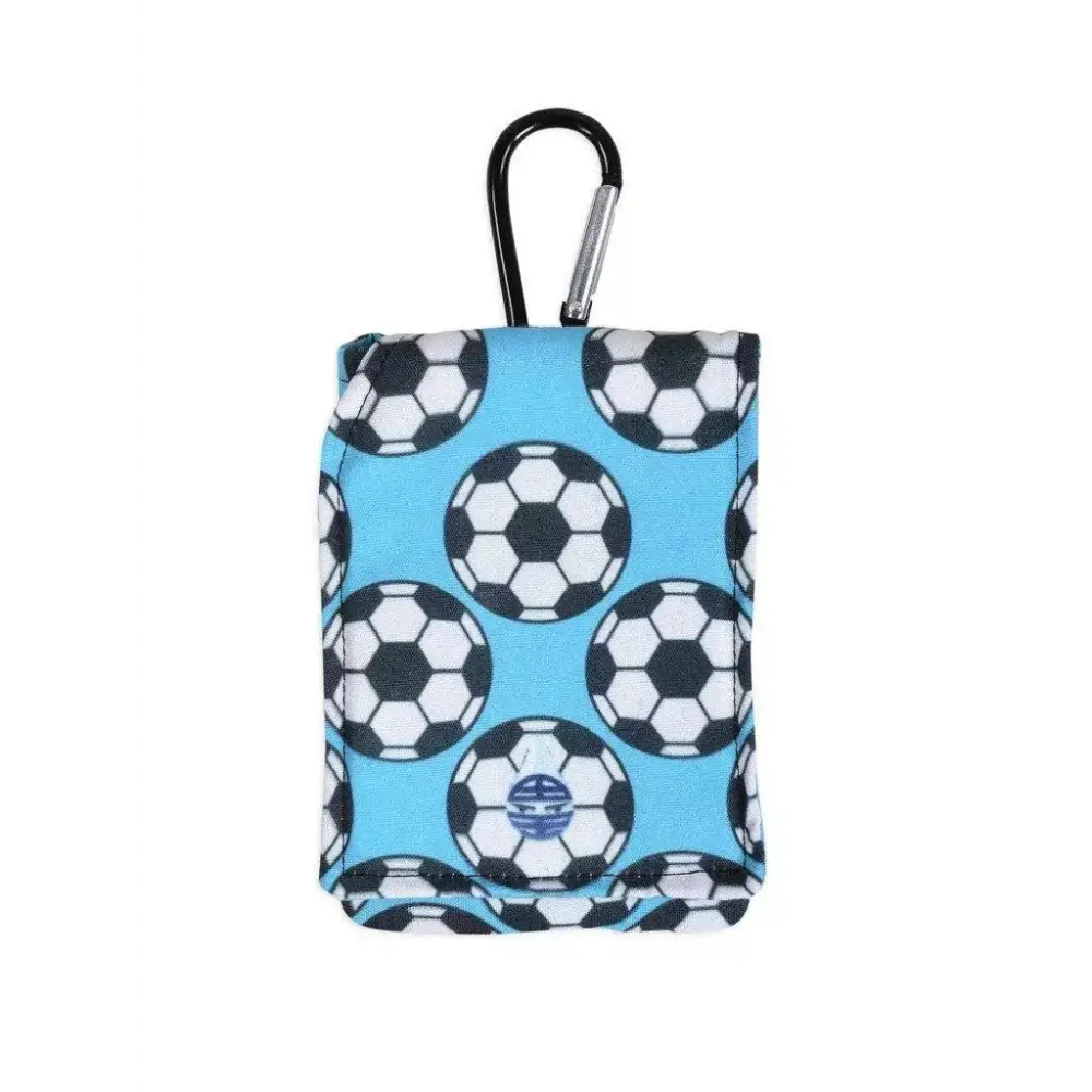 Insulin pump pouch for kids with cooling system and soccer print design.