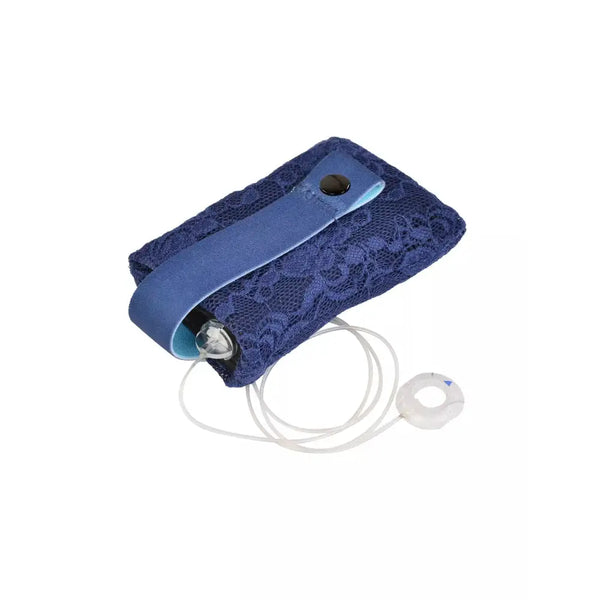Lace bra pouch for insulin pump in blue, designed for women with type 1 diabetes, offering style and functionality.