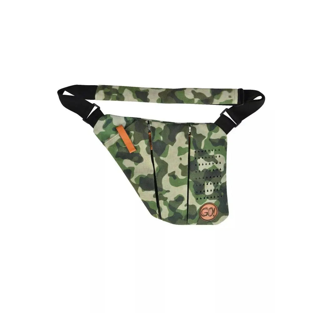 Camouflage shoulder bag with integrated cooling system for diabetic children to safely carry insulin and daily essentials.