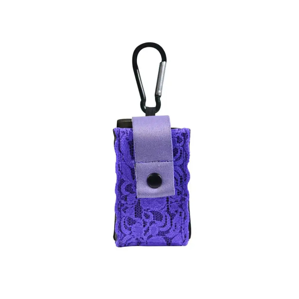 Lace insulin pump pouch with carabiner and belt loop.