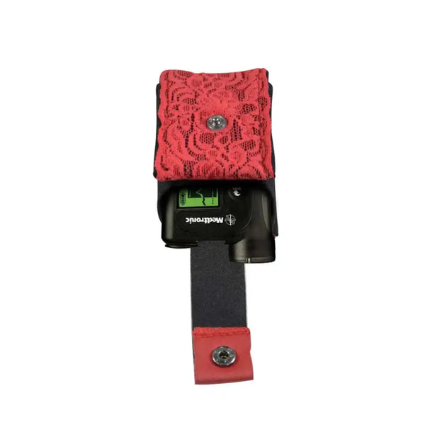 Lace insulin pump pouch with carabiner and belt loop for versatile carrying options.